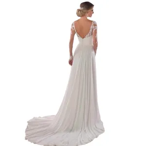 Elegant white long sleeve A-line wedding dress with lace floral embroidery and long train