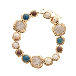 Vintage geometric necklace with colorful resin stones and textured gold-toned hardware