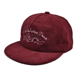 Close-up of burgundy corduroy baseball cap with mountain and cactus embroidery