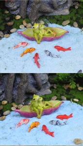 Miniature frog couple in purple leaf boat with five colorful koi fish resin decor