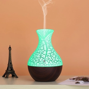 Ultrasound wood grain humidifier with vase shape, green crackle glass, and LED light