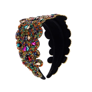 Luxurious padded velvet headband with multicolored rhinestones and vintage flower design