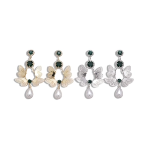 Elegant double-layered butterfly earrings with green emeralds and teardrop pearls