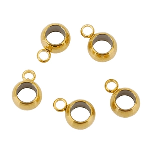 Golden stainless steel round beads with loop connectors for DIY jewelry making on white background