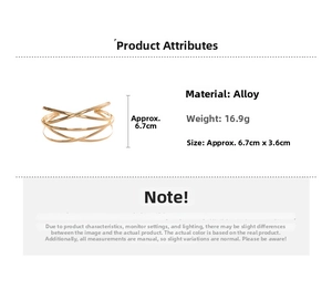 Detail view of gold geometric layered cuff bracelet showing dimensions 6.7cm by 3.6cm