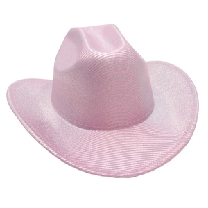 Close-up of pink glitter cowboy hat featuring a wide brim and sparkling textured finish