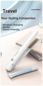 Close-up of portable cordless hair straightener with gold ceramic plates on desk