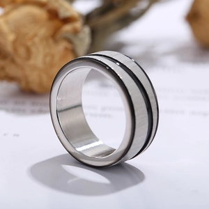 Minimalist silver stainless steel ring with brushed finish and dual black decorative lines