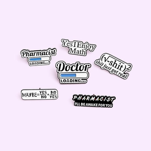 Set of 6 enamel pins for medical and math themes with black and white paint finish