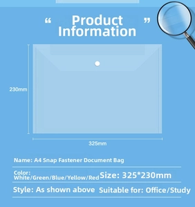 Detailed size specifications for A4 waterproof plastic document folder with snap button