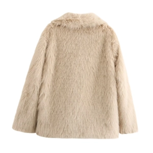 Detailed back view showing the soft long-hair texture of this camel faux fur coat