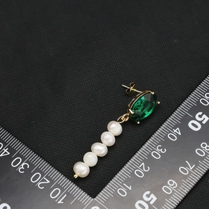 Elegant gold-edged green gemstone earrings with five dangling natural freshwater pearls