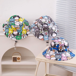 Detail of colorful cartoon animal print cotton sun hats for kids with adjustable chin straps