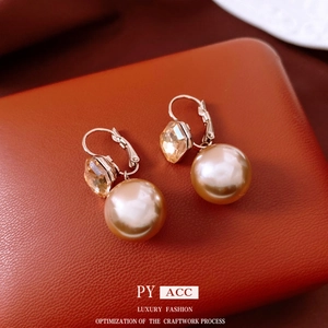 French vintage gold earrings with champagne zircon and large golden pearls