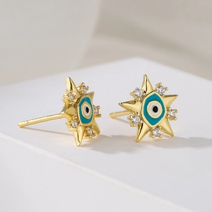 18K gold plated star-shaped stud earrings with blue evil eye enamel and zircon stones