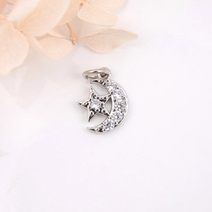 Elegant silver moon and star pendant with sparkling cubic zirconia on floral background