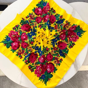 Vintage floral square scarf in yellow with red roses and ethnic Russian pattern style