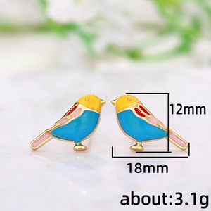 Orecchini a perno a forma di uccello colorato in smalto francese con bordo dorato 12x18mm