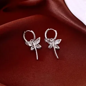 Dragonfly Pendant Hoop Earrings Copper Zircon French Style Luxury Trendy Jewelry For Women Elegant Dainty Accessories