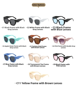 Collection of cat-eye sunglasses in ten colors with geometric temples and wide frames