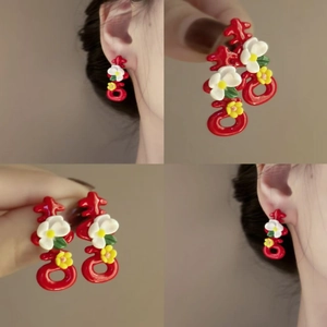 Red Double Happiness Character Stud Earrings With 925 Sterling Silver Earring Post Sweet Resin Flower Chinese Style Jewelry