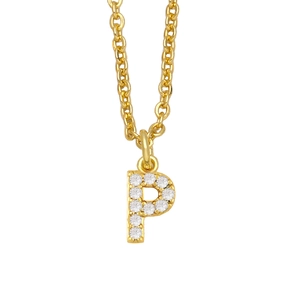 Macro shot of polished gold letter P pendant necklace with sparkling zircon inlay details