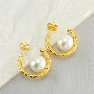 Chic gold-plated C-shape stainless steel earrings with textured finish and white pearls