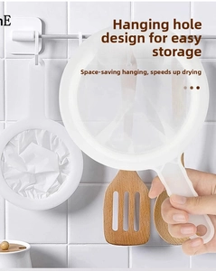 Fine mesh soy milk strainer with ergonomic white handle and hanging hole for kitchen