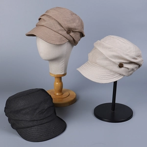 Women Retro Linen Newsboy Cap Breathable Sunshade Peaked Hat With Button Decor Casual Japanese Style Pleated Beret