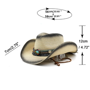 Detailed dimensions of beige straw cowboy hat with turquoise bead and wind rope