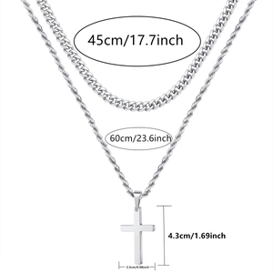 Silver layered stainless steel necklace with cross pendant and detailed size measurements