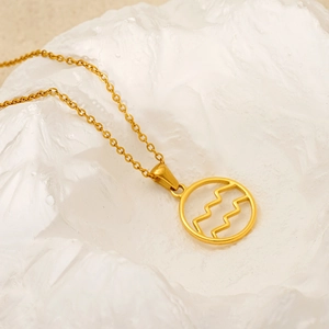 Gold titanium steel Aquarius constellation necklace with hollow wave pendant and chain