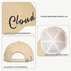 Beige cotton baseball cap with side letter embroidery and adjustable metal buckle strap