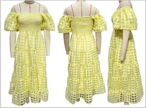 Detailed views showing front, back and side of yellow plaid layered summer maxi dress