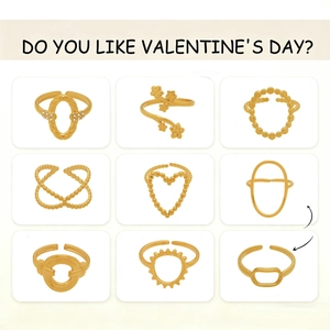 Detailed grid showing nine unique gold plated adjustable rings with diverse geometric designs