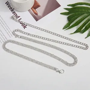 Elegant three-row silver rhinestone waist chain with lobster clasp for daily styling
