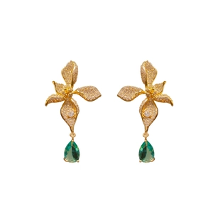 Vintage gold flower earrings with pavé zircons and green teardrop gemstone pendants