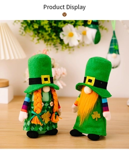 St. Patrick's Day gnome detail showing cute green hat, braided hair and lucky clover decor.