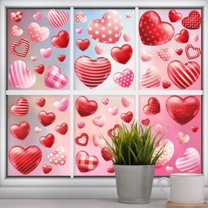 Bohemian Valentine's Day heart window clings with diverse patterns on glass decor