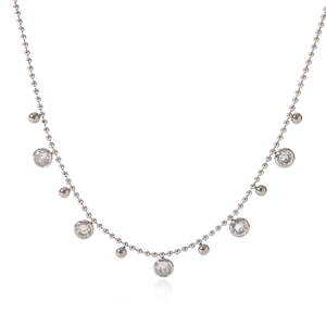 Detail of silver beaded necklace chain with sparkling clear gemstone charms on white backdrop