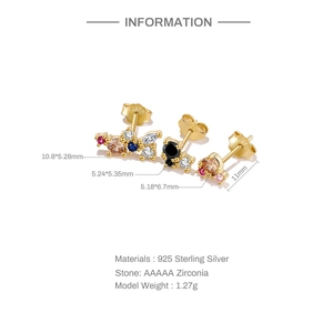 Detailed view of silver zircon stud earring set with precise measurements and 925 material info