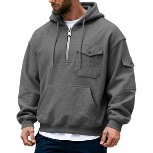 Sudadera de hombre con capucha gris oscuro, forro polar y diseño de múltiples bolsillos