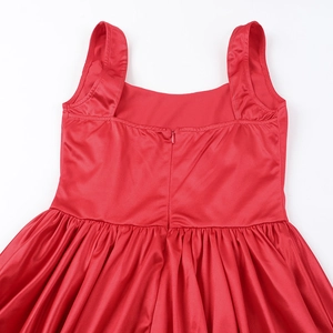 Detail of red satin dress featuring a back invisible zipper and square neckline design