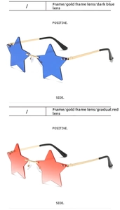Detail of star-shaped rimless sunglasses in dark blue and red gradient with gold frames