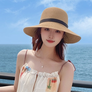Women's Wide Brim Paper Straw Sun Hat Breathable UV Protection Beach Vacation Elegant Ribbon Bow