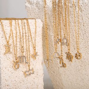 Gold plated titanium steel zodiac pendant necklace collection with sparkling rhinestones