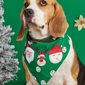 Green Christmas dog bandana with Santa and reindeer patterns on a beagle pet model