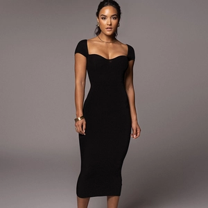 Slim fit black ribbed midi dress with square neck and short sleeves for women