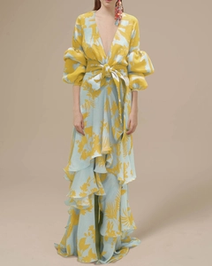 Floral Maxi Dress Polyester Chiffon Deep V-Neck Puff Sleeve Tiered Ruffle Hem Bohemian Vacation Style For Women