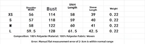 Detailed size chart for women's embroidered shirt including shoulder and bust measurements